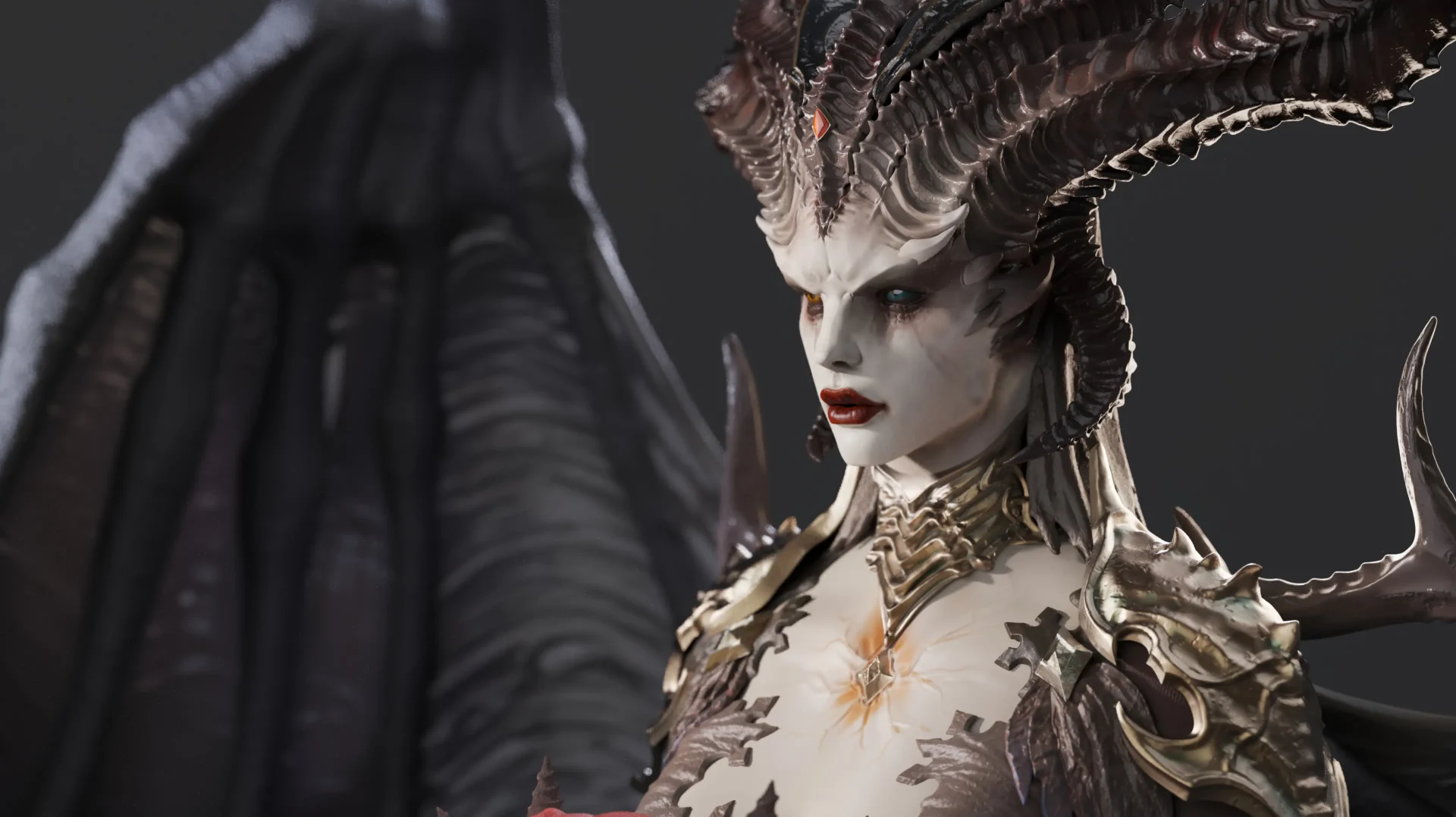 Highly detailed 3D render of a demonic female character with ornate horns, pale skin, and intricate armor elements