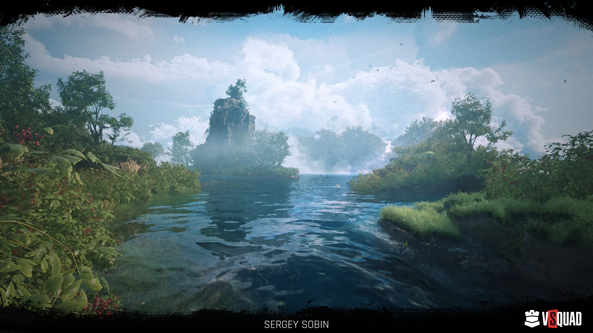 Serene fantasy river landscape with lush greenery, distant rock formations, and soft atmospheric lighting.