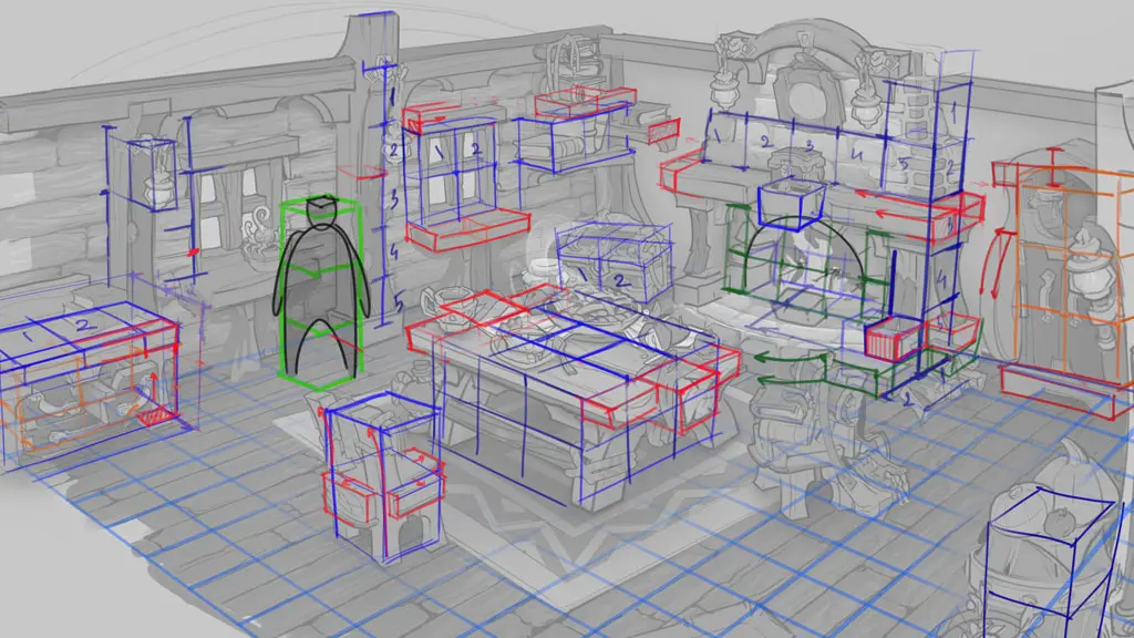 Concept art sketch of a room with perspective grids and construction lines for objects and layout