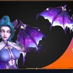 Stylized demon-winged female character in purple and blue tones, created as 3D game art for SMITE