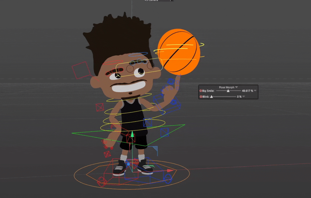 3D rig demonstration of a stylized character animating a basketball with visible controllers and pose morphs