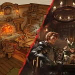 Comparison image showing stylized concept art on the left and detailed fantasy illustration on the right