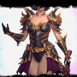 Stylized female fantasy character in ornate black-and-gold armor, showcased in a 3D sculpting and character design presentation
