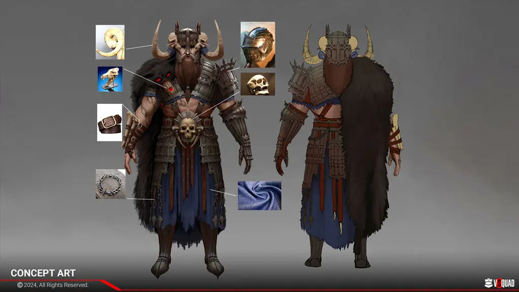 Viking warrior concept art with front and back views, material references, armor details, and texture callouts