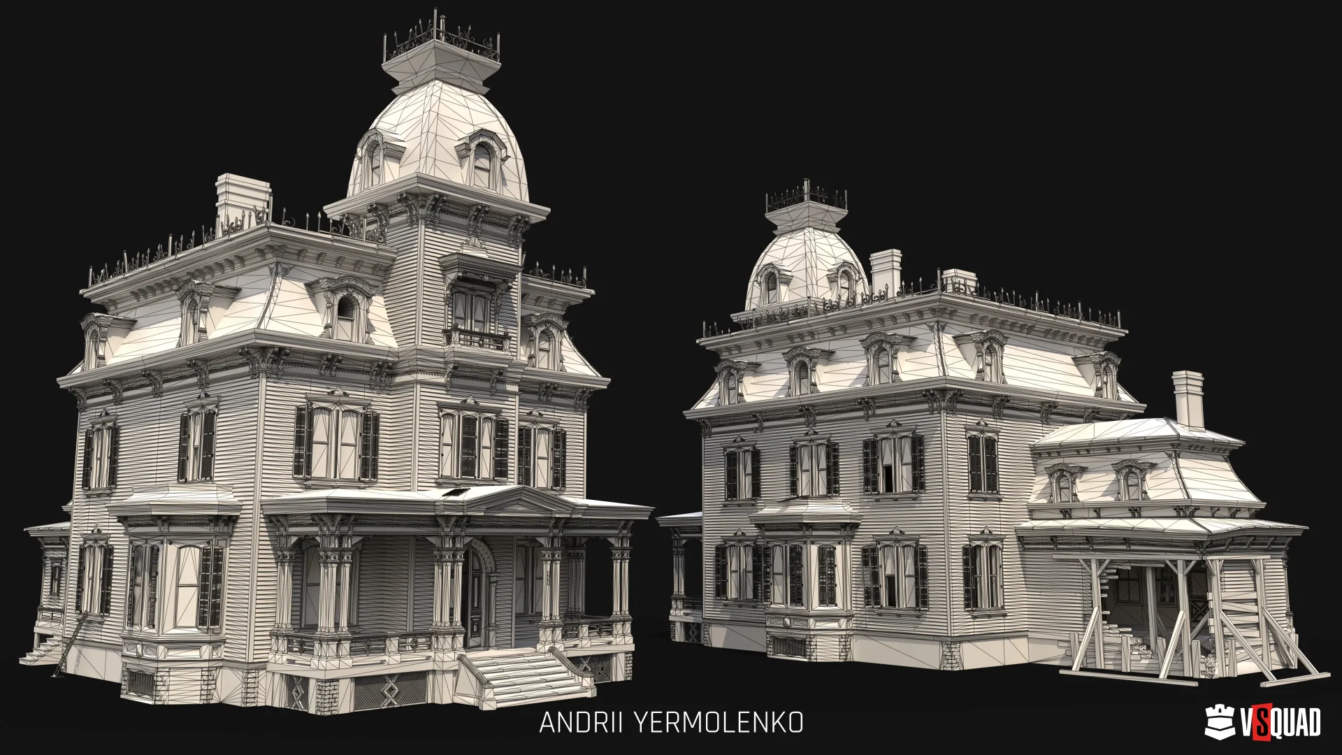 Wireframe 3D environment model of a detailed Victorian-style house showcasing structure and geometry