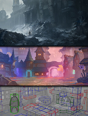 2D environment concept art for PC and mobile game production