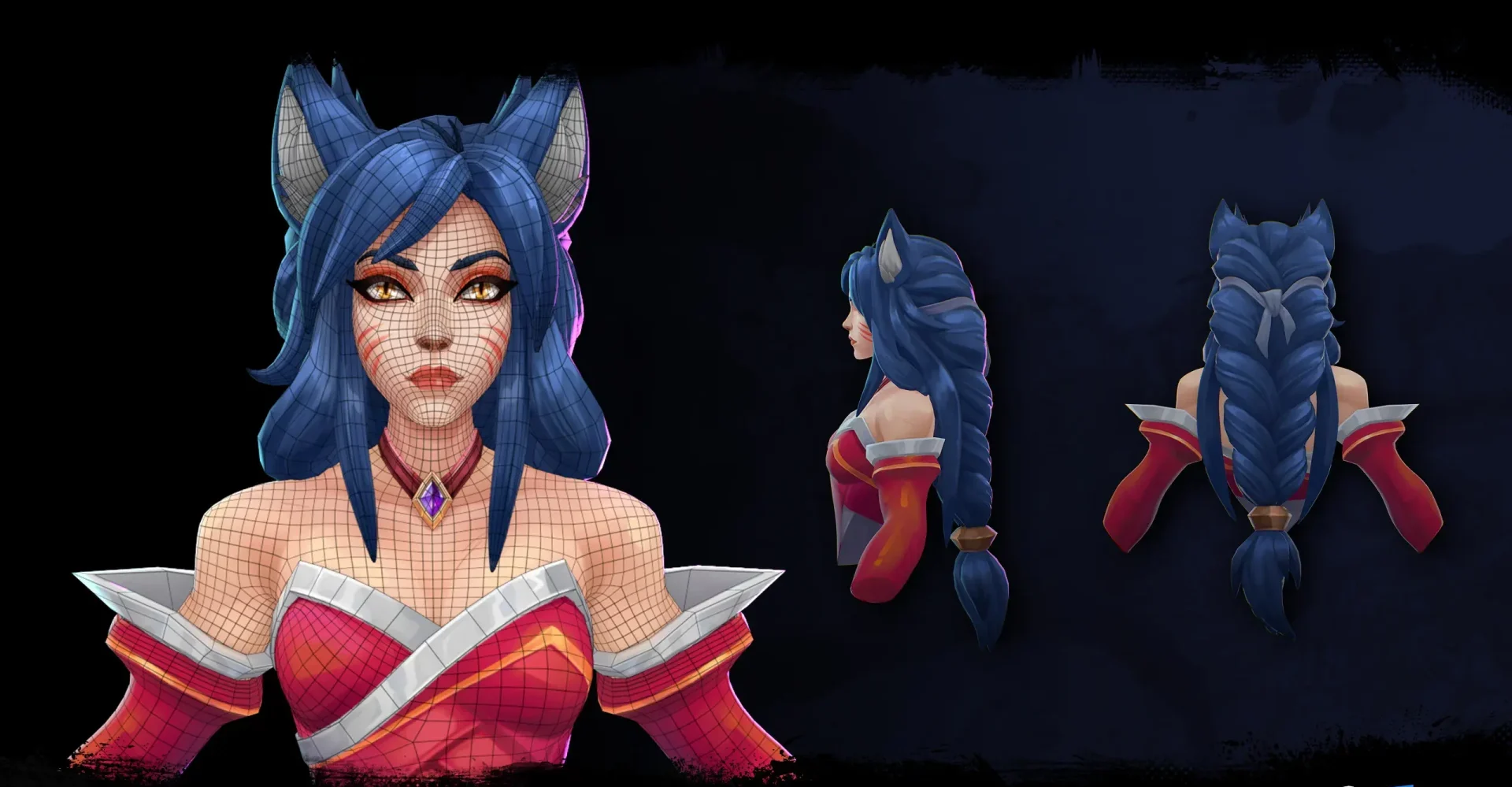 3D character model shown from front, side, and back views, illustrating texturing, topology, and model quality criteria