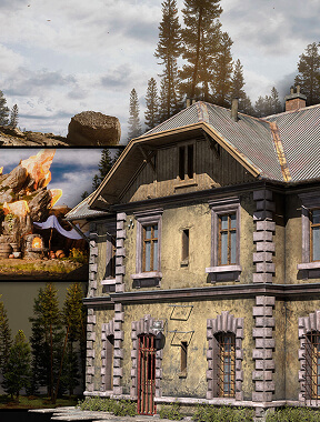 Game-ready 3D environment art with stone house, pine forest, and glowing crystal assets