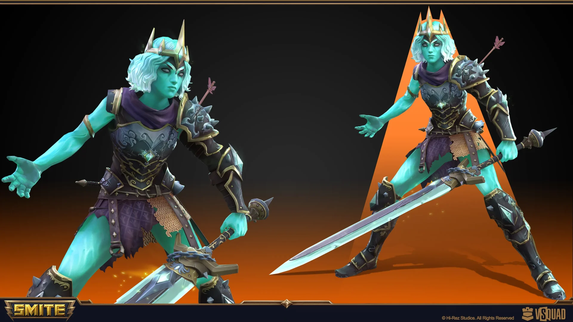Stylized 3D warrior queen with glowing teal skin and armor, shown in two dynamic poses with a large sword