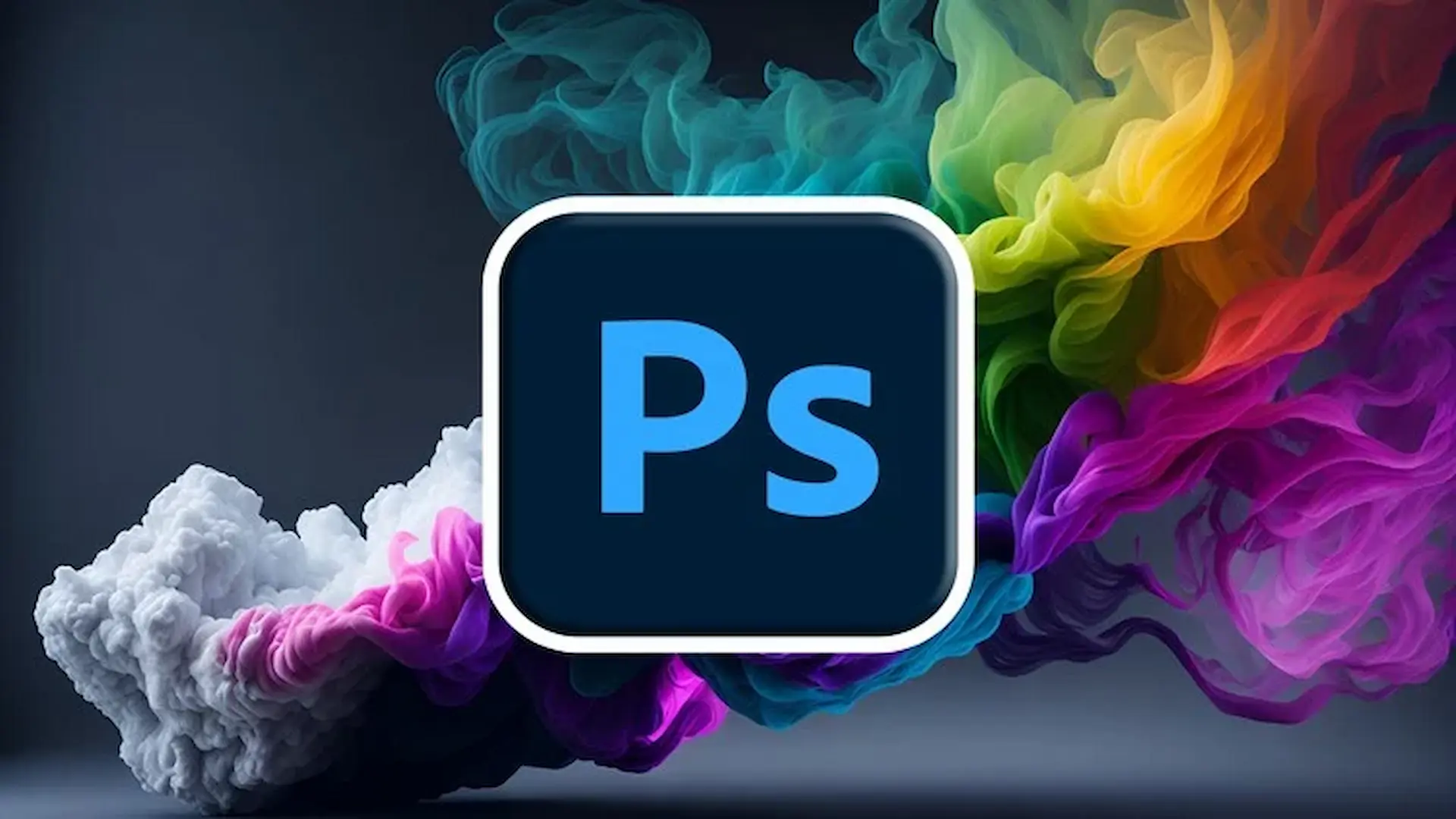 Adobe Photoshop logo surrounded by colorful flowing smoke, symbolizing powerful raster image editing and creative flexibility
