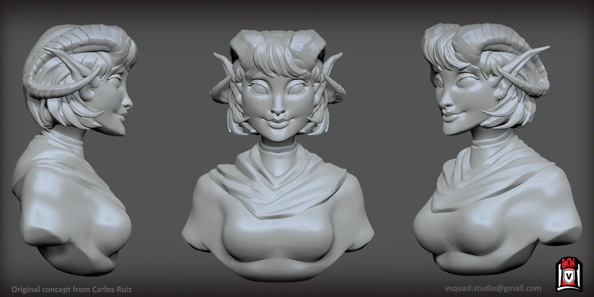 High-detail 3D character sculpt in Blender shown from front and side views, highlighting complex forms and anatomy