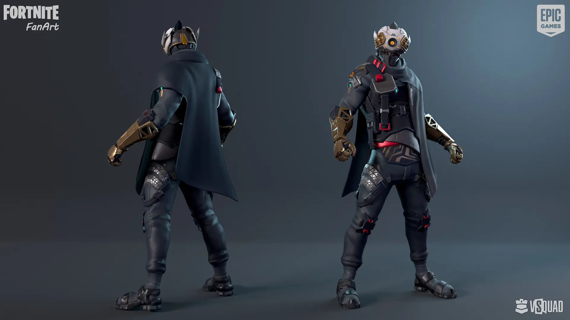 Fortnite-style 3D character model in Blender shown from multiple angles, demonstrating complexity of rigging and animation