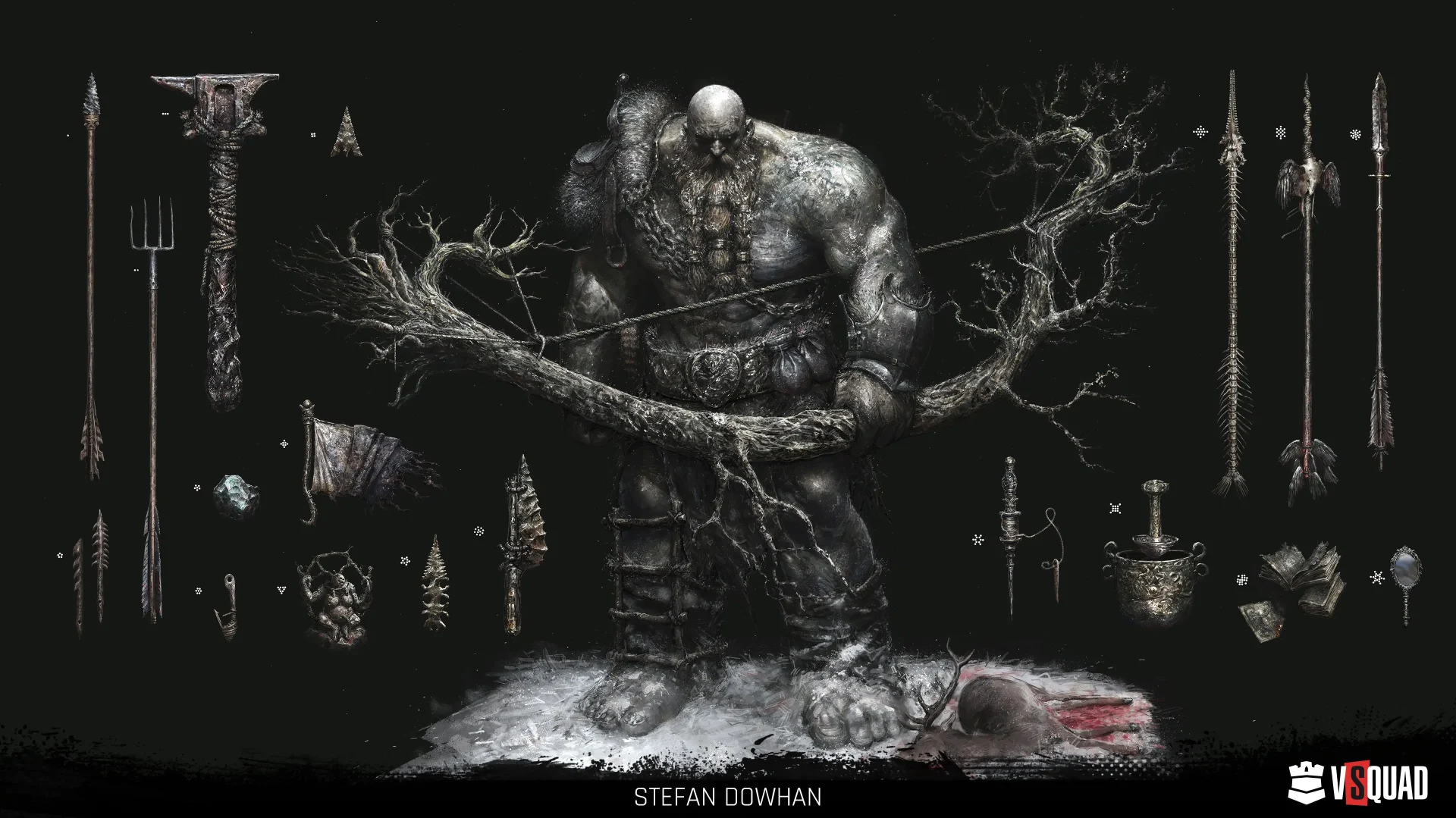 Dark fantasy concept art of a giant warrior holding a twisted tree weapon, surrounded by mystical weapons and artifacts