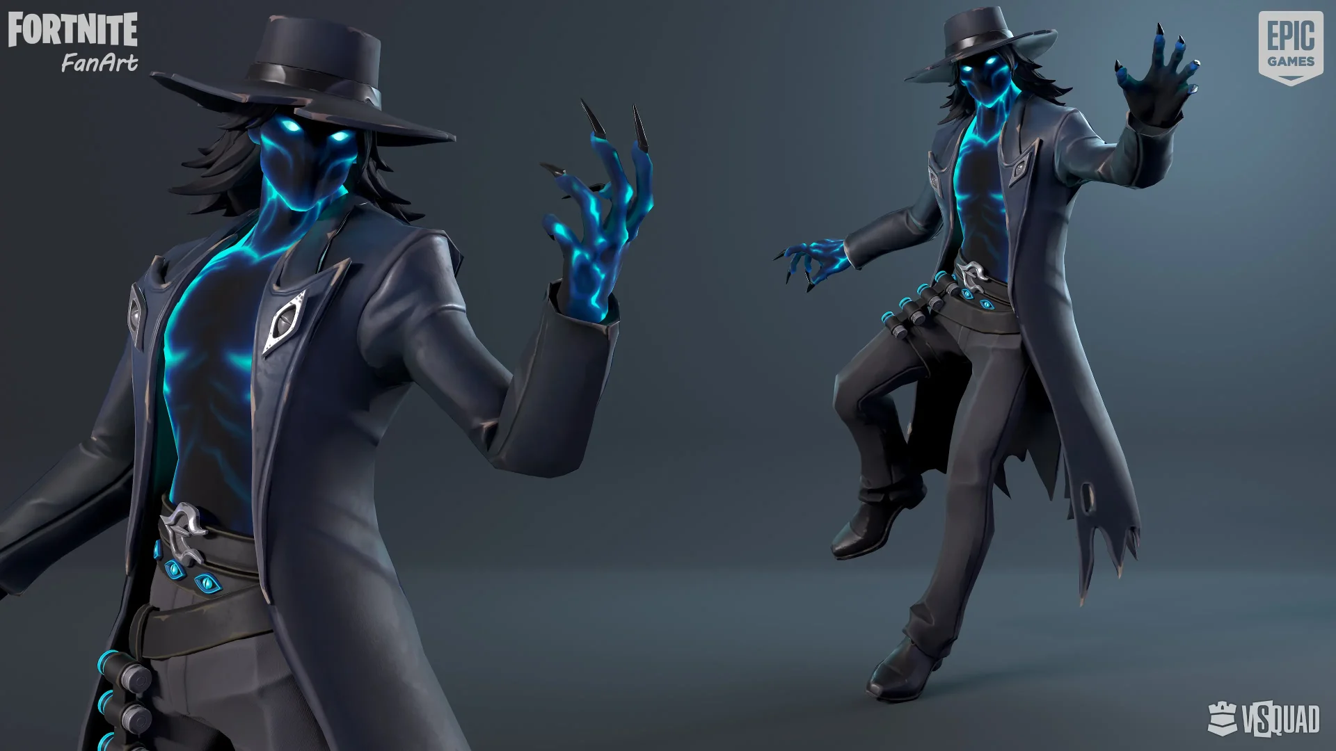Stylized 3D character in dark attire with glowing blue energy effects, shown in dynamic poses as Fortnite fun art