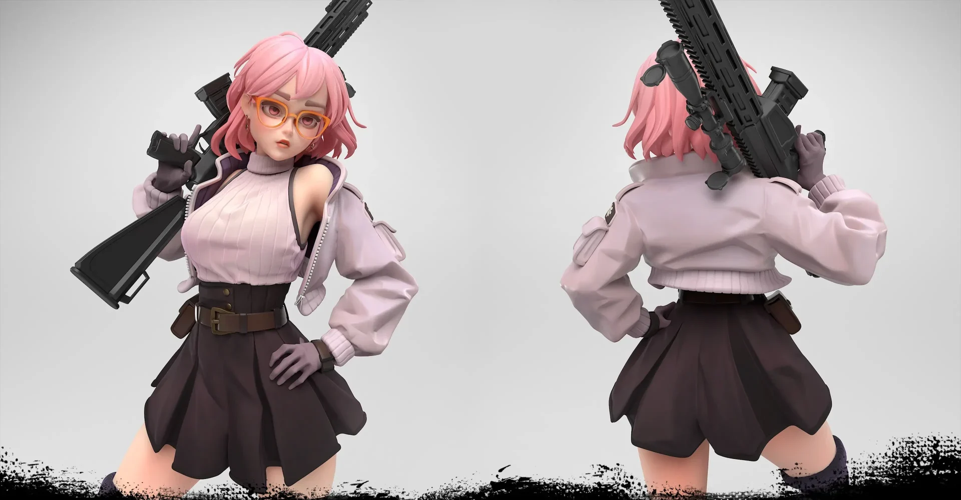 Stylized 3D female character with rifle, shown from front and back, representing game art estimation process at VSQUAD Studio