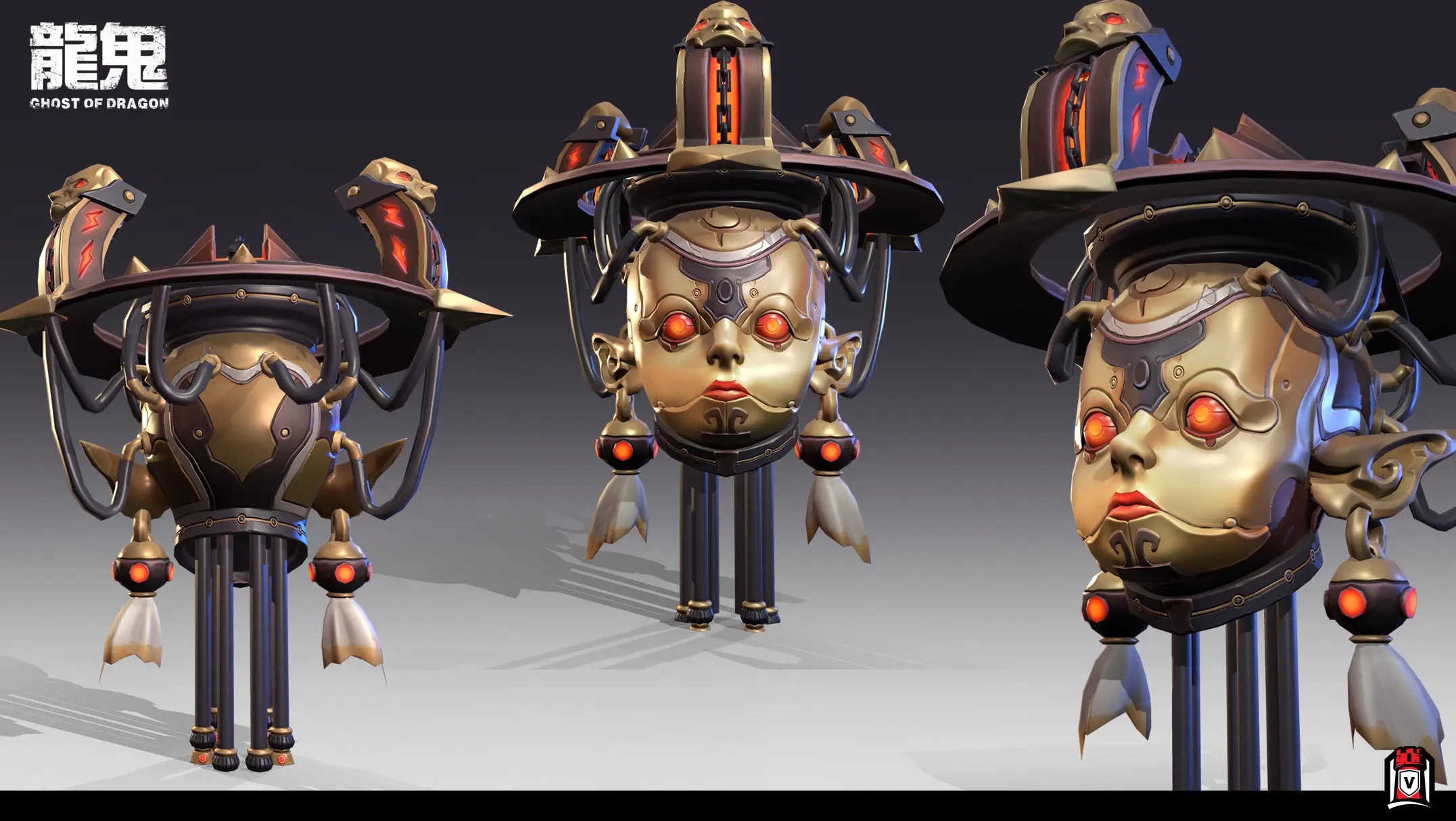 Stylized mechanical floating head with ornate gold details and glowing red eyes from Ghost of Dragon