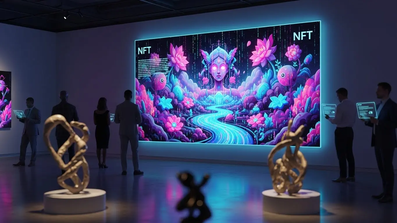 NFT art creation process shown in a digital gallery, where artists and collectors view a finished NFT artwork on display