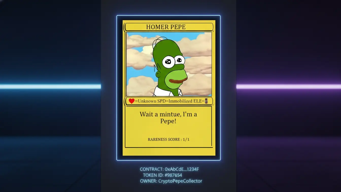 Example of NFT art shown as a digital collectible card featuring a cartoon Pepe-style character with metadata and rarity