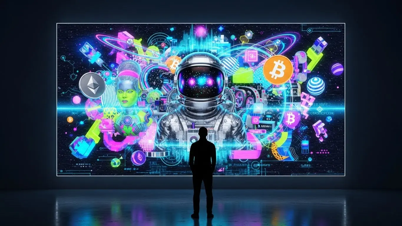 NFT art market visualization showing digital artwork, cryptocurrency symbols, and a viewer analyzing the current state of NFTs