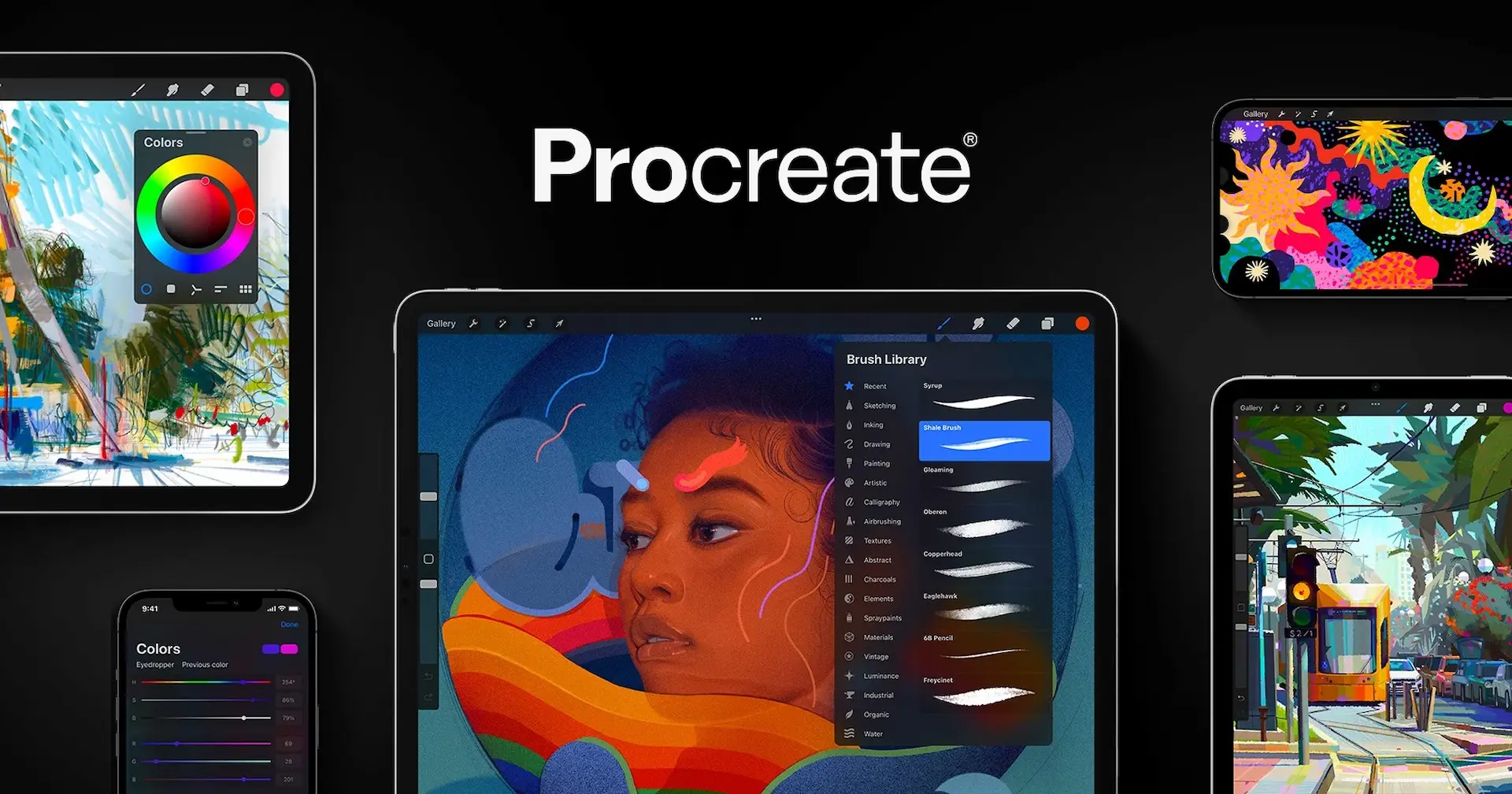 Procreate app on iPad showing digital paintings, brush library, and color tools for portable creative illustration