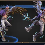 Stylized winged character wielding a sci-fi staff, showing dynamic poses that highlight secondary action in animation