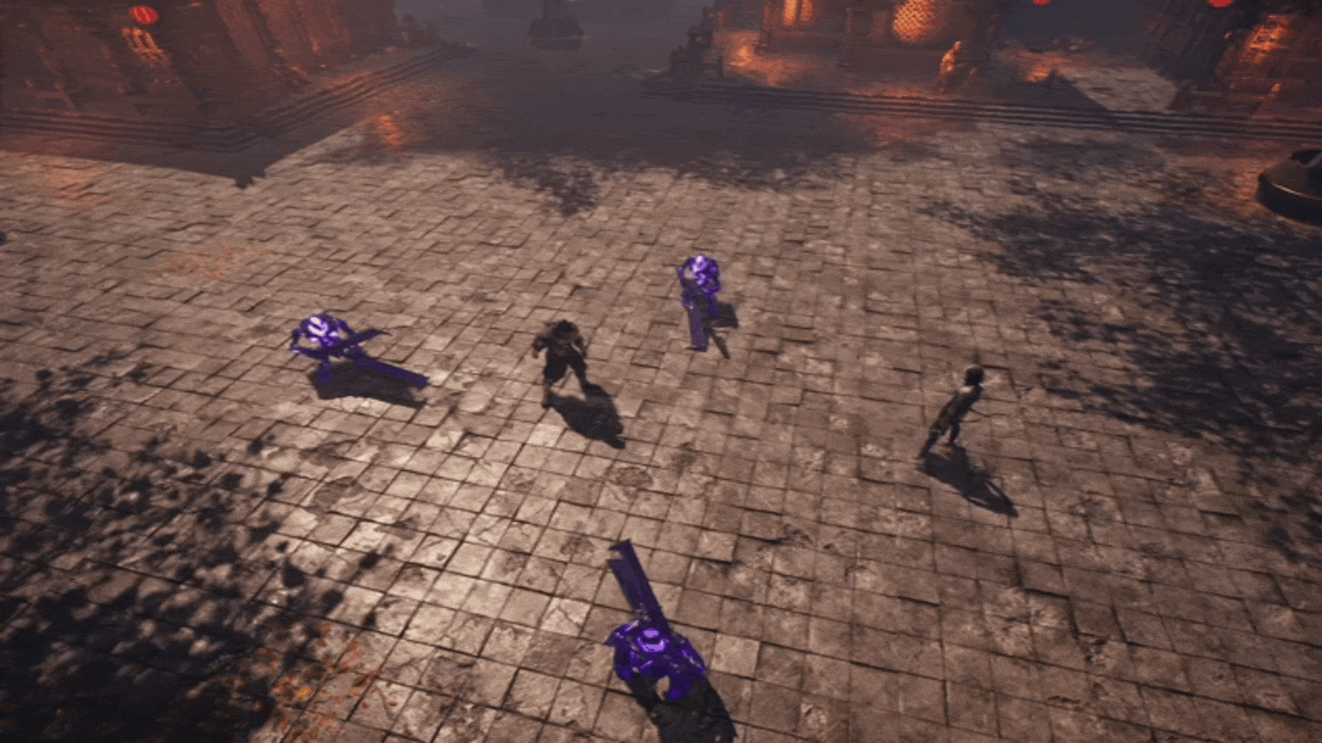 Top-down view of characters engaging enemies in a dark fantasy arena, showcasing tactical combat and specialized abilities