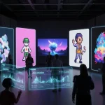 Digital NFT art gallery showing pixel characters, abstract artworks, and data panels explaining how NFT art works