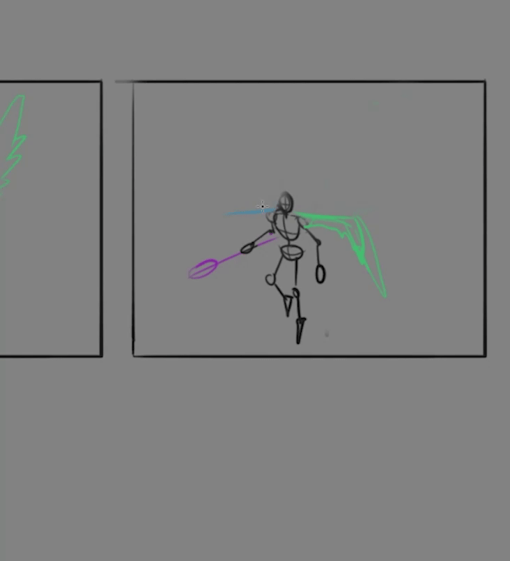 A rough 2D sketch animation showing the initial storyboarding and motion concept for the character's flight path.