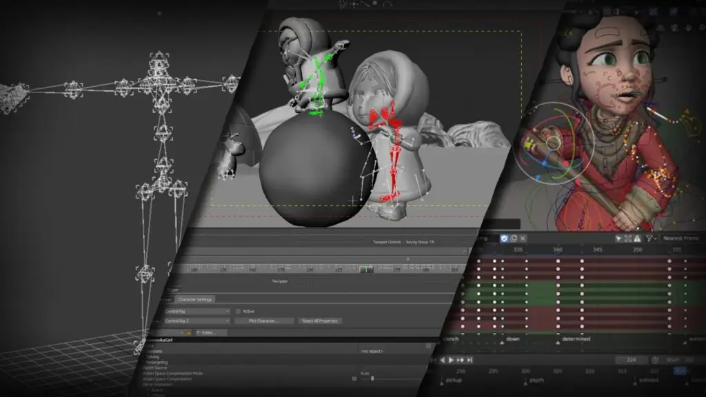 3D animation techniques shown through character rigging, motion controls, and timeline editing inside professional animation software