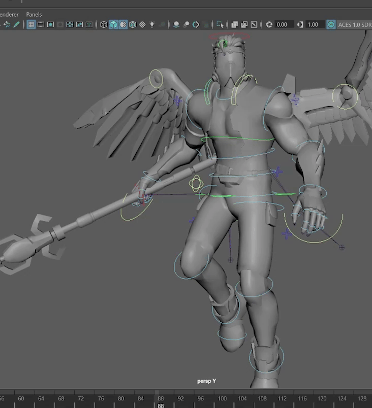 The 3D animation process inside software, showing keyframes being set to create the character's flying movement cycle.