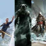 Collage of iconic AAA games including Skyrim, Uncharted, and Assassin's Creed showcasing high-budget production