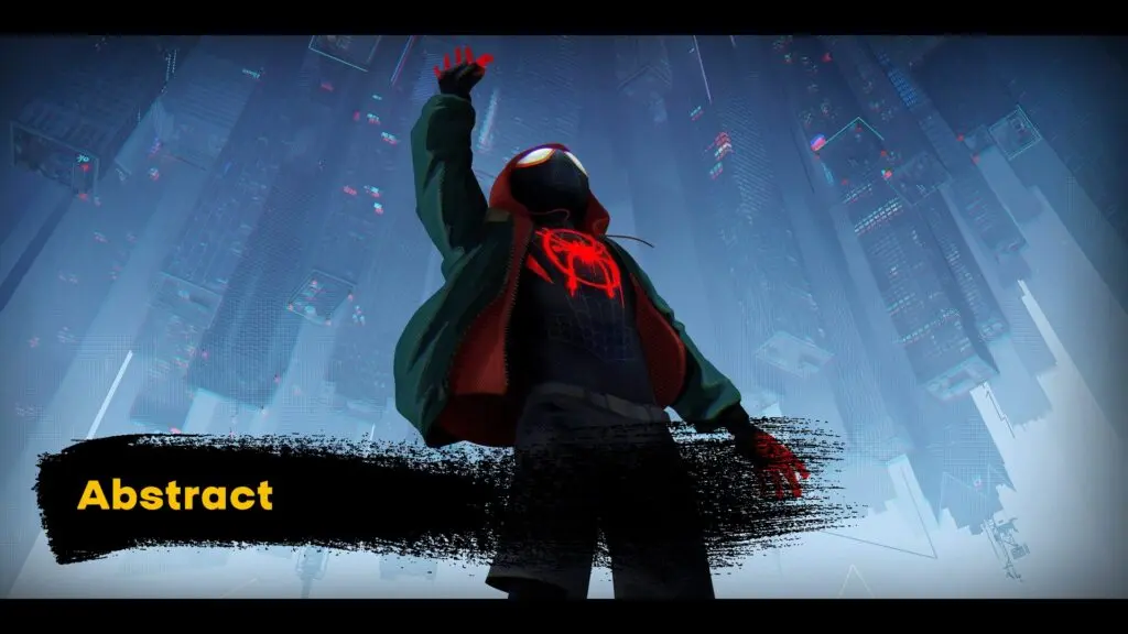 Abstract 3D animation featuring a stylized masked hero reaching upward in a futuristic city with surreal lighting and depth