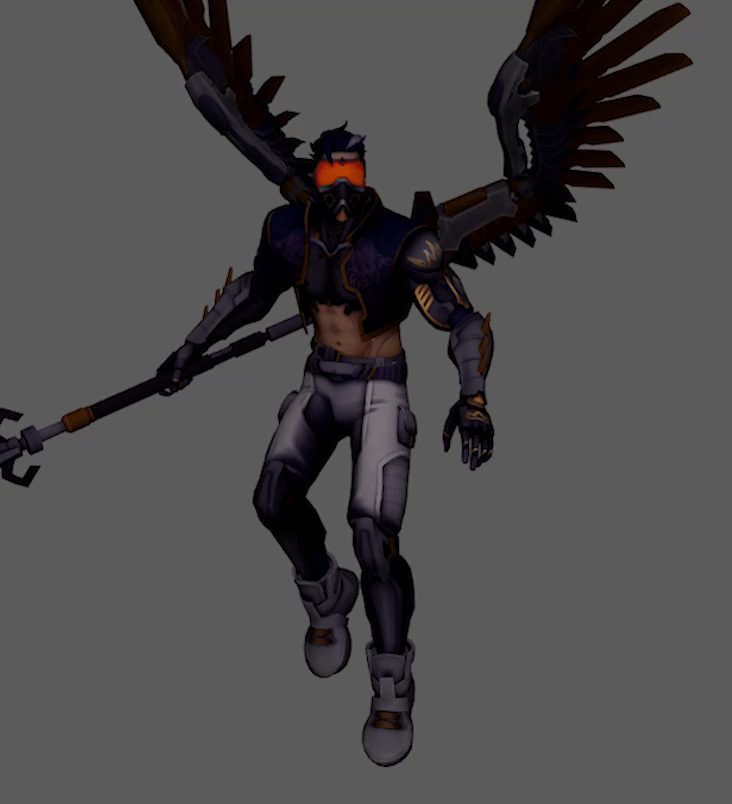 A textured 3D character performing a flight loop test in a neutral environment to check the baked animation flow.