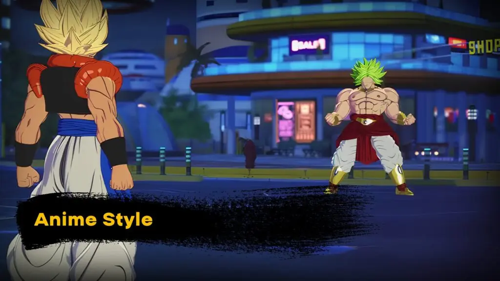 Anime style 3D animation scene with two stylized fighters facing off at night, featuring dramatic lighting and cel-shaded details