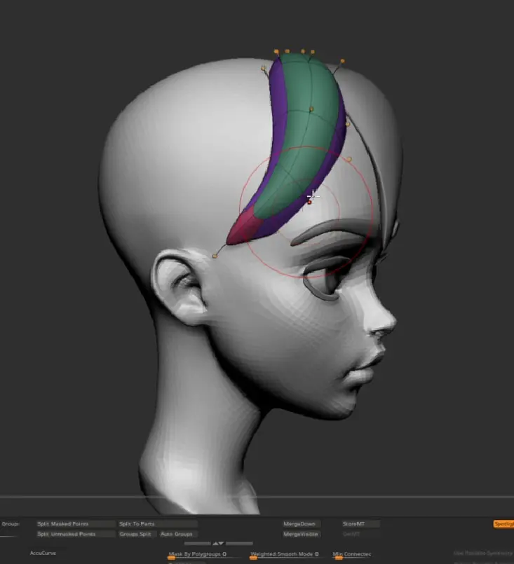 3D model head in ZBrush with a basic geometric strip and guide curves to block out a hair strand.