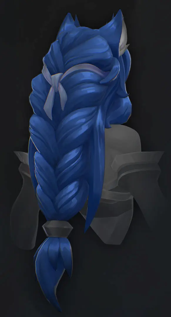 Full cycle 3D hair grooming development of a long blue braided hairstyle.