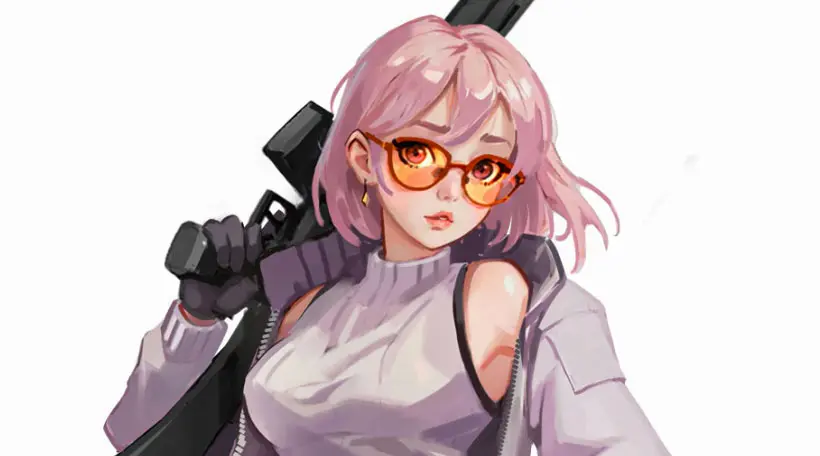 Cartoon 2D character art featuring a girl with pink hair, glasses, and a tactical rifle in a modern anime style.