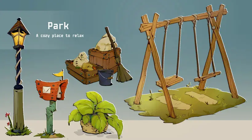 2D cartoon environment assets for a park including a swing set, mailbox, and lamp post in a clean digital style.