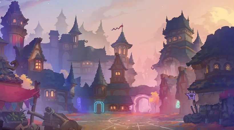 Colorful casual 2D environment art featuring a whimsical fantasy village with towers at sunset for game design.