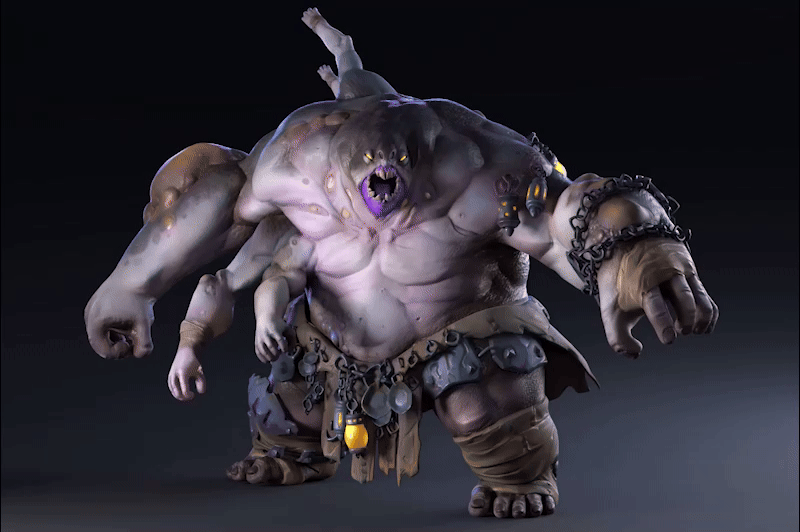 Detailed 3D character animation of a multi-armed cave horror monster in a breathing idle pose.
