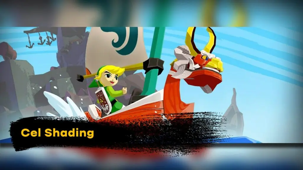Cel shading 3D animation scene with a toon-style hero sailing a colorful boat, featuring bold outlines and flat cartoon lighting
