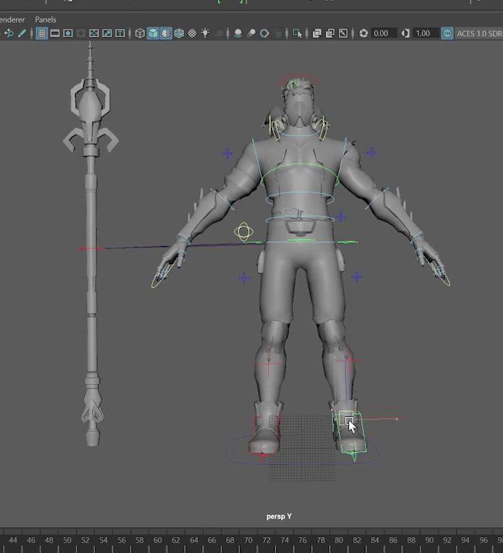 A 3D character model in Maya showing the rigging setup with control curves visible around the joints for posing.
