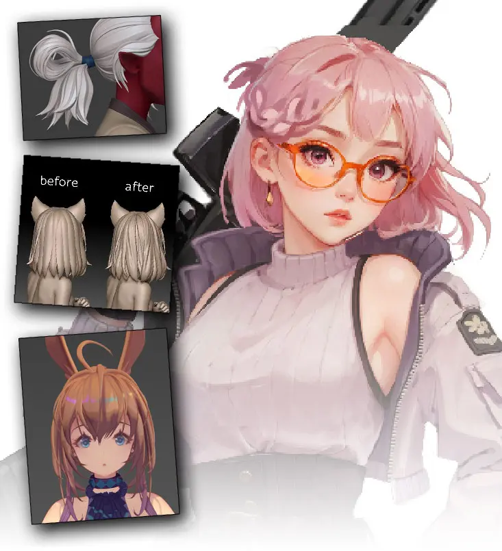 Concept art of an anime girl with pink hair and technical references for 3D hair styles.