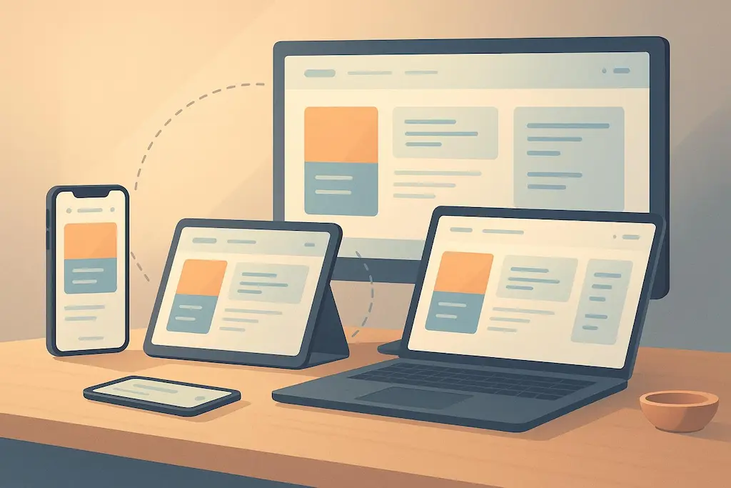 Vector illustration showing a website interface optimized across a smartphone, tablet, laptop, and desktop monitor