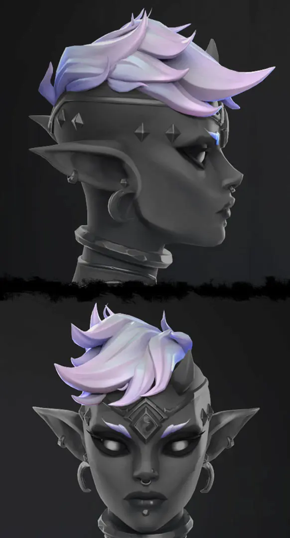 3D hair grooming for an elf character featuring stylized purple and white hair.