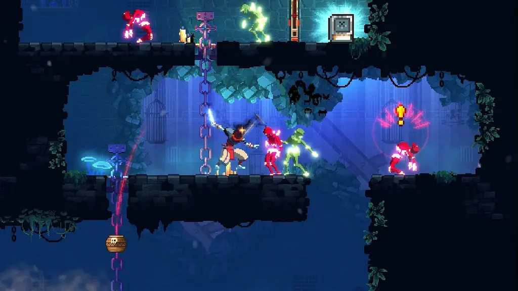Dead Cells protagonist battling enemies in a dark, atmospheric dungeon featuring high-quality 2D pixel art.