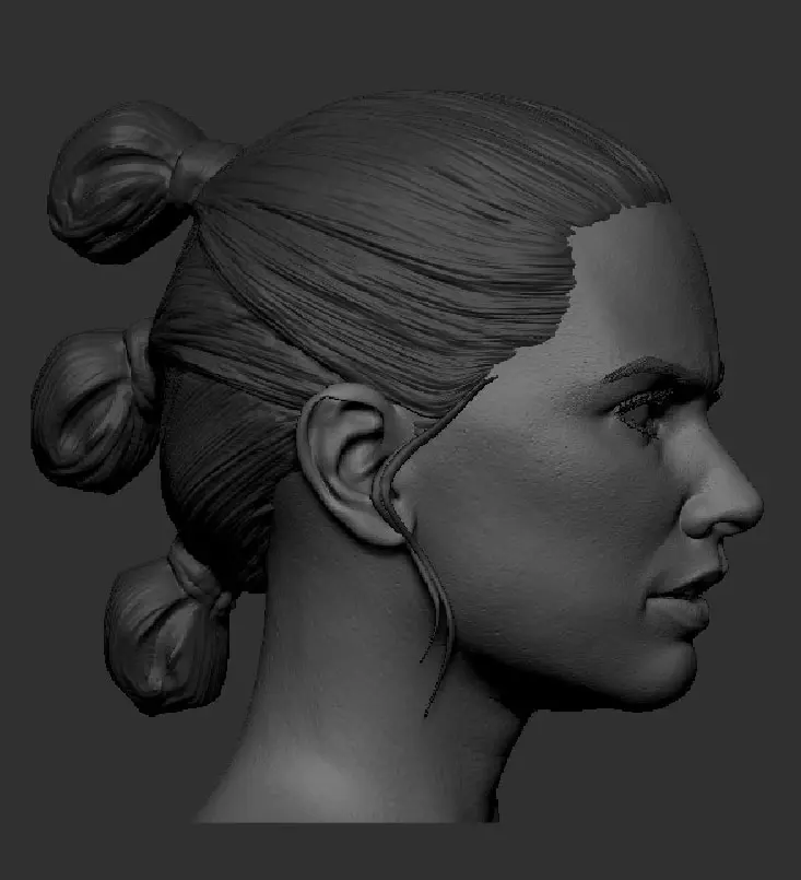 Sculpted grey 3D model head with a detailed triple bun hairstyle and surface textures in ZBrush.