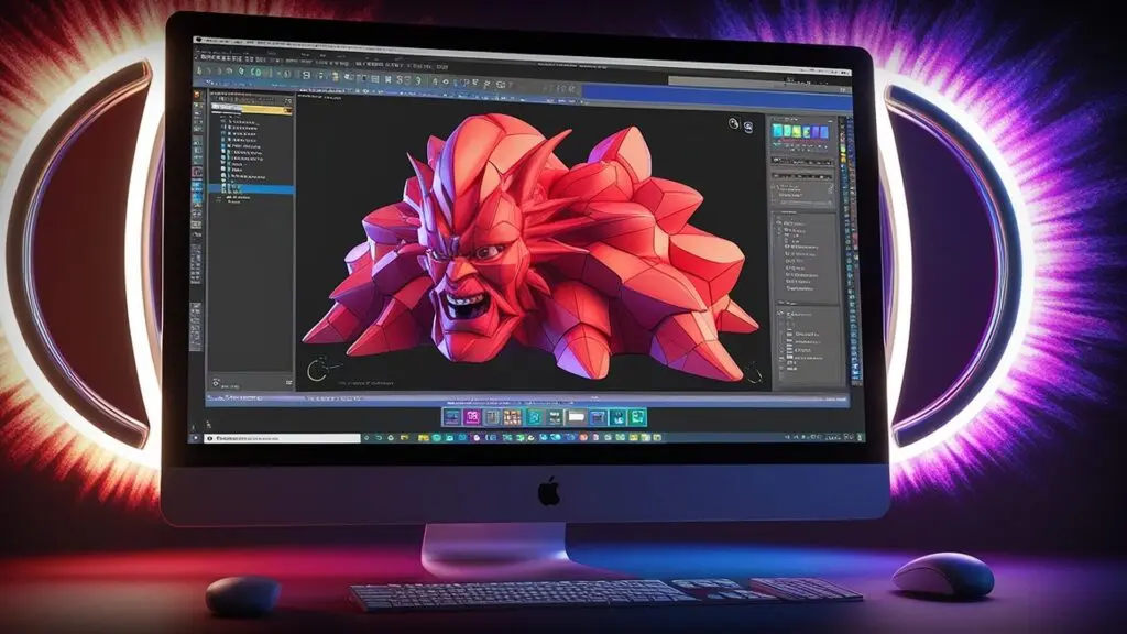 Digital 3D CGI render of a stylized red rock creature head displayed on a computer screen in a 3D modeling software interface