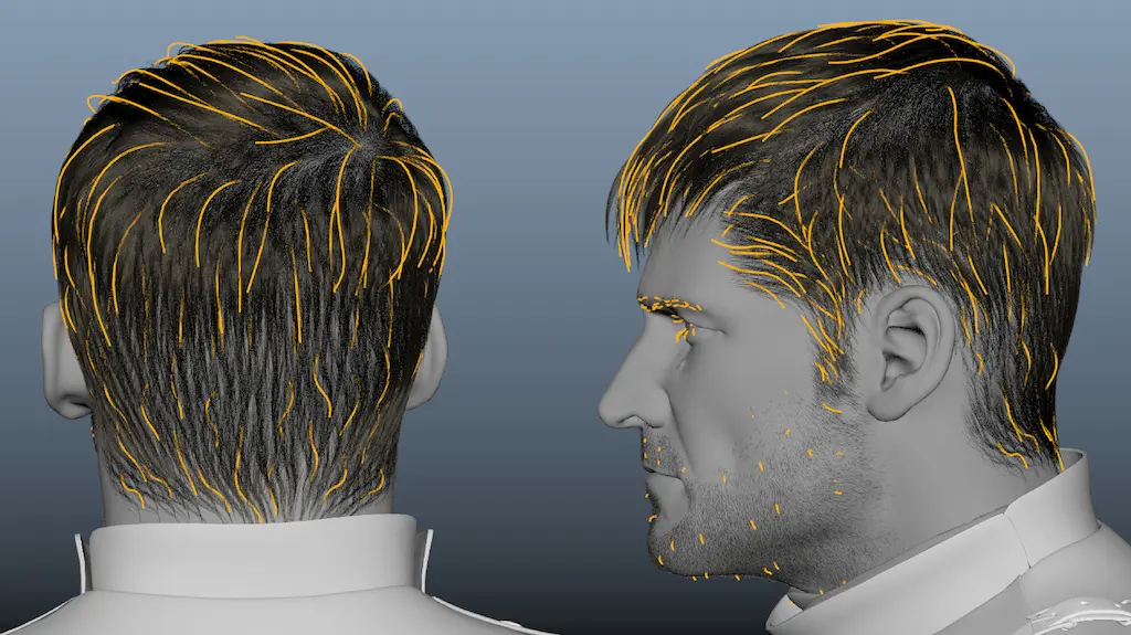 3D model of a male head showing orange guide curves for setting up dynamic hair simulation.