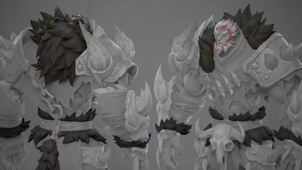 3D fur grooming for a fantasy creature with dark stylized fur and heavy armor.